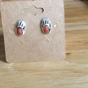 Native American Silver & Coral Bear Paw Earrings